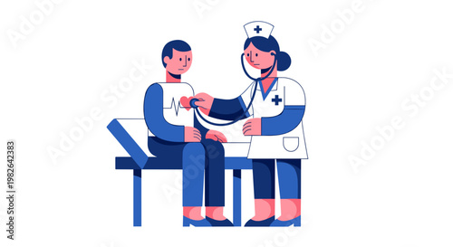 Illustration of a nurse in a white uniform checking a patients heartbeat with a stethoscope, both seated on a medical examination table, minimalistic style