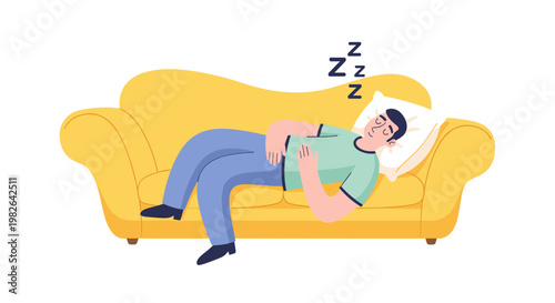 Illustration of a man peacefully sleeping on a bright yellow couch, wearing casual clothes, with a white pillow and a serene expression, isolated on white background