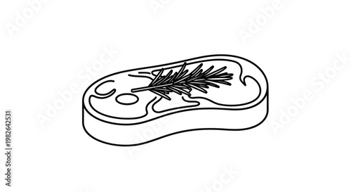 Illustration of beef steak with a sprig of rosemary on top, black and white line art, minimalist design, isolated on white background