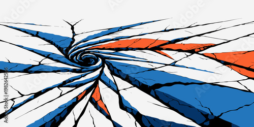 Abstract vortex with cracked ground in blue and orange segments graphic resource digital art abstract fracture background disruption transition separation fragment geometric