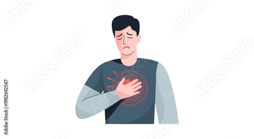 Illustration of a man experiencing chest pain with a pained expression, depicted in a minimalist style with a white background and subtle color accents