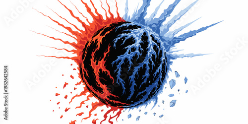 Exploding planet sphere with heat and cold energy bursts abstract background graphic design digital art explosion contrast abstract elemental outburst destructive creation opposition