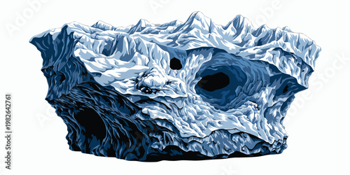 Stylized abstract illustration of a massive iceberg with intricate caves and sharp mountain peaks ice formation climate change abstract landscape digital art elements of nature abstract