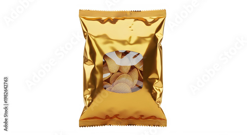 Golden foil snack packaging with biscuits inside isolated on transparent background isolated and transparent background