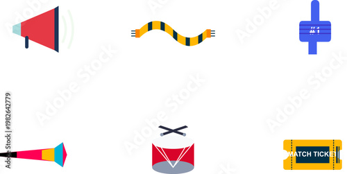 Hand-drawn collection of sports fan accessories including megaphone scarf drum vuvuzela and match ticket in an authentic illustration