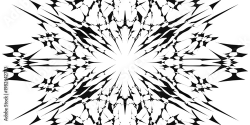 Black and white abstract radial symmetrical pattern with sharp spiky elements optical illusion graphic design abstract symmetrical contrast decoration decorative explosion geometric