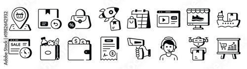 set of e commerce and retailing outline style icons 