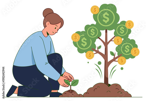 Investment concept with woman planting money tree growth minimal clean vector illustration