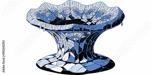 Abstract blue vase form with cracked surface and drips abstract fractured dripping isolated creative illustration artistic geometric sculpture container decorative background