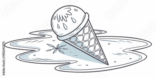 Melted ice cream cone spilled on ground with puddle of vanilla cream in cartoon style white background delicious accident unfortunate illustration dripping refreshing indulgence