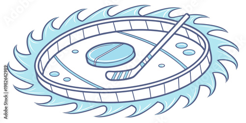 Cartoon ice hockey rink illustration with puck and stick on a fiery saw blade edge design white background sports equipment illustration competition aggressive championship activity