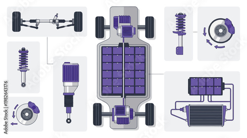 Solar powered car drivetrain and components illustration.
