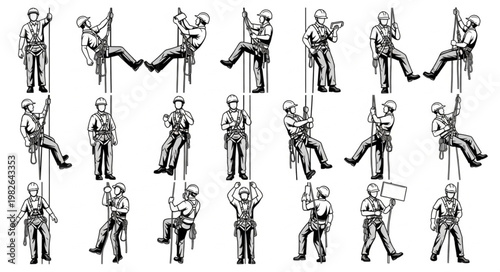Various illustrations of people rappelling down ropes in different positions.