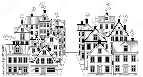 Vintage Black and White Illustration of Dense European City Buildings.