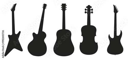 set of guitar silhouettes electric guitars acoustic