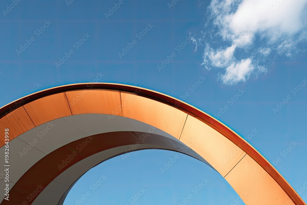 Fototapeta premium A striking architectural archway gracefully curves against a vibrant blue sky dotted with fluffy white clouds, creating a visually captivating composition.