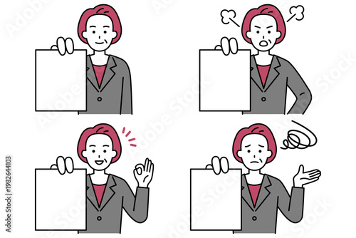 書類を見せる中年のスーツの女性　セット