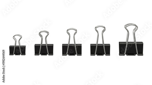 Quadro su tela Five black metal binder clips in ascending sizes, neatly arranged, with shiny silver handles, isolated on transparent