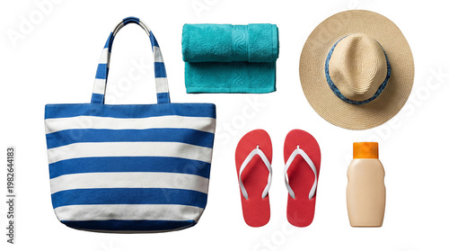 Photos An overhead photograph displaying a collection of beach day essentials, including bag, towel, hat, and sandals