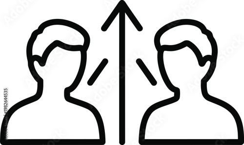 A black and white line art icon showing two people separated by an upward pointing directional arrow