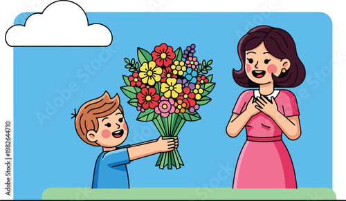 Boy Giving Flowers to Woman 3.