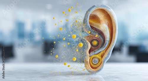 3D rendering of an inner ear cross-section, with yellow particles emitting