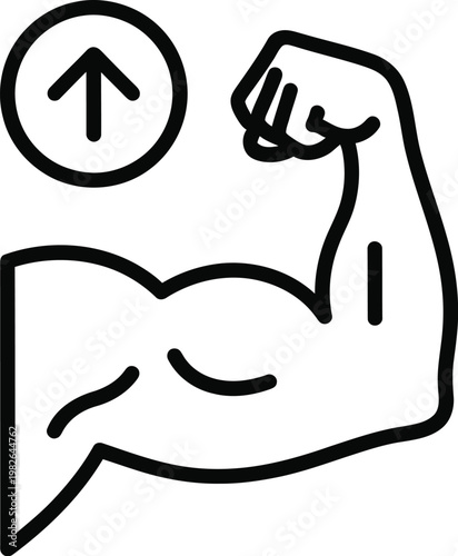 A black and white line art icon depicting a muscular arm flexing with an upward pointing arrow