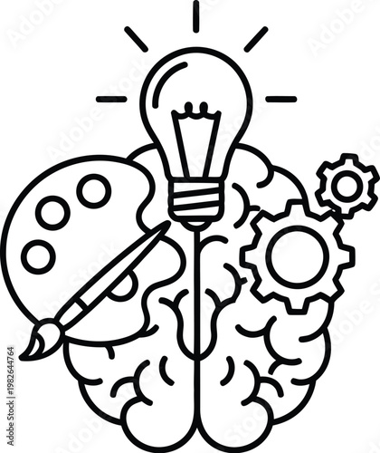 A black and white line art illustration representing the creative and logical parts of the brain