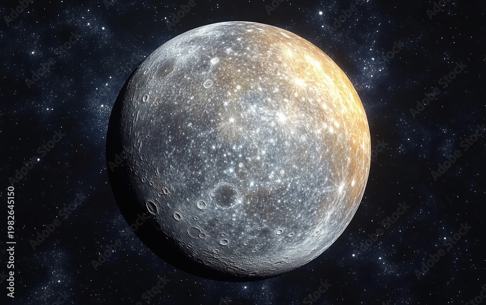 Fototapeta premium Serene cratered moonlike planet bathed in warm light, half in shadow, hovering against a glittering starfield