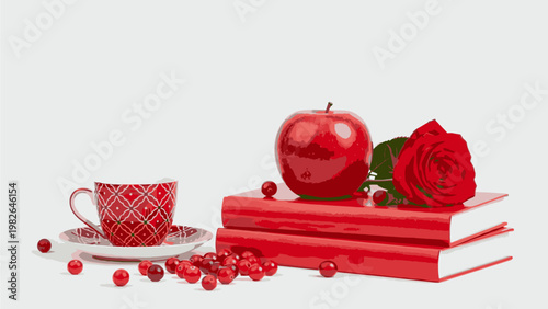 Still life of a red tea cup, books, apple, and rose on a white background with scattered berries.