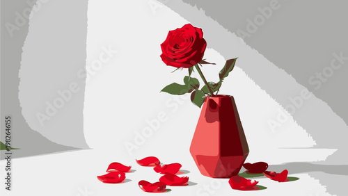 Low-poly 3D rendering of a single red rose in a vase with scattered petals on a white surface against a gray background with shadows.