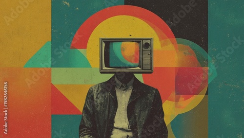 Surreal vintage man with retro TV head and abstract geometric background