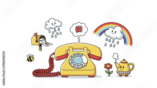 A colorful illustration of a yellow rotary phone surrounded by whimsical icons including a rainbow, clouds, a bee, a flower, and a teapot on a plain white background.