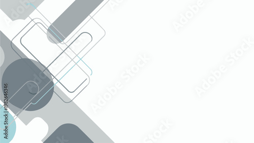 Geometric shapes in gray, white, and blue hues arranged in a puzzle pattern on a white background with a shallow depth of field.