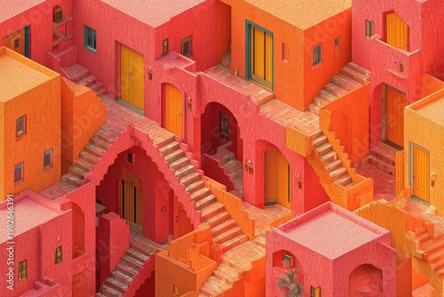 An intricate and surreal architectural rendering showcases a labyrinthine structure of interconnected buildings in warm, terracotta hues, creating a visually captivating and impossible space.