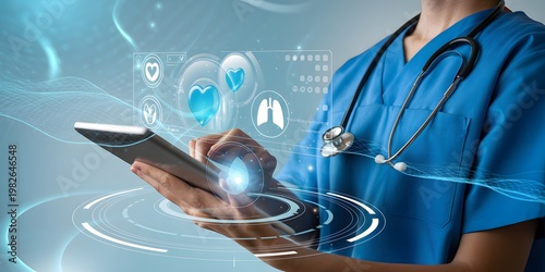 Medical professional engaging with digital health technology on a tablet, surrounded by futuristic icons, representing AI-driven innovation and advanced healthcare