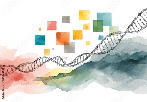 A watercolor illustration depicts a DNA strand emerging from abstract colorful shapes and washes.