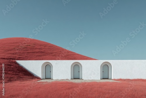 A minimalist architectural structure blends seamlessly with a vibrant, undulating landscape of reddish grass under a clear blue sky.