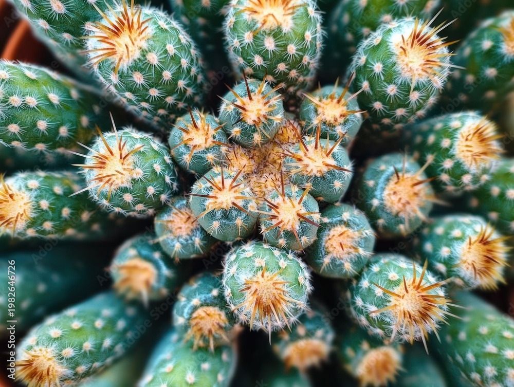 Obraz premium Top-down close-up of clustered cylindrical cacti with golden areoles and sharp spines, vibrant and mesmerizing