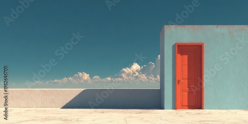 A solitary red door stands against a pale blue wall under a vast, cloud-filled sky.