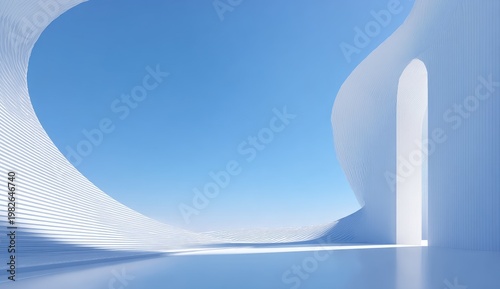 A surreal architectural rendering showcases flowing, white structures against a gradient blue sky, creating a sense of expansive minimalism and futuristic design.