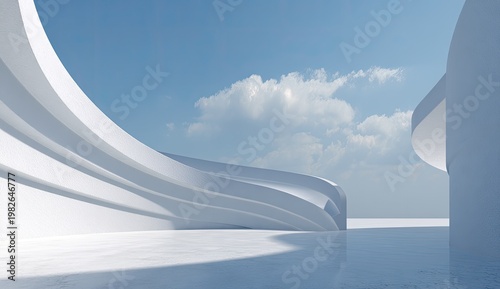 A serene, abstract architectural scene features flowing white structures reflected in calm water under a bright blue sky with fluffy clouds.