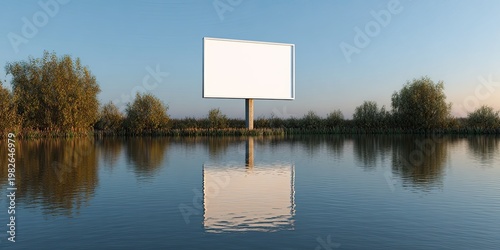 A pristine white billboard stands prominently in the middle of a calm, reflective body of water.