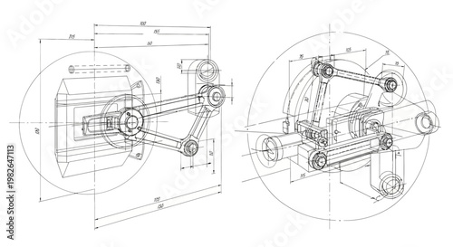 Technical blueprint of a mechanical linkage system with precise dimensions and annotations rendered in a clean, minimalist style against a stark white background, showcasing intricate