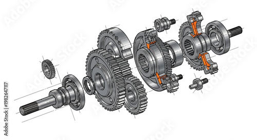 Detailed technical illustration showcases a disassembled gear mechanism with various components meticulously arranged against a clean white background, rendered in a precise, diagrammatic