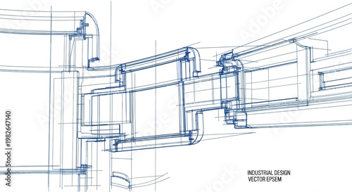 Detailed blueprint illustration depicting an industrial door design with precise technical lines and vector elements, presented in a clean, minimalist style against a stark white