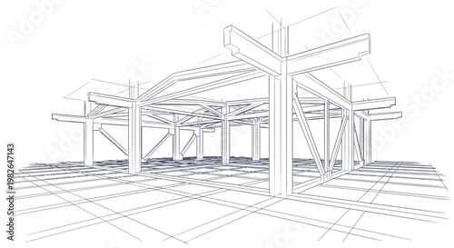 Detailed blueprint-style illustration of a building's structural framework, depicted with precise line work and geometric accuracy, showing a complex arrangement of beams and columns