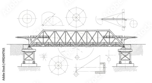 Detailed technical drawing showing a truss bridge with various circular diagrams and cross-sectional views displayed around it, rendered in blueprint style against a clean white background