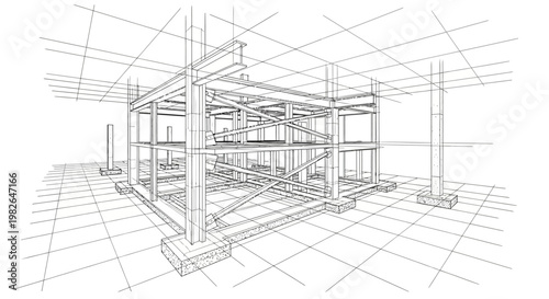 Detailed architectural sketch of a steel frame building under construction, rendered with precise linework and a grid background, using a monochromatic palette to highlight the structural