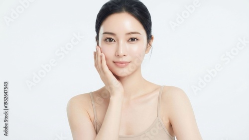 白背景のクリーンな空間で頬に手を添えてやわらかく微笑む若い女性のナチュラルビューティーポートレート、透明感のある素肌と保湿感を印象づけるスキンケア広告向け人物素材